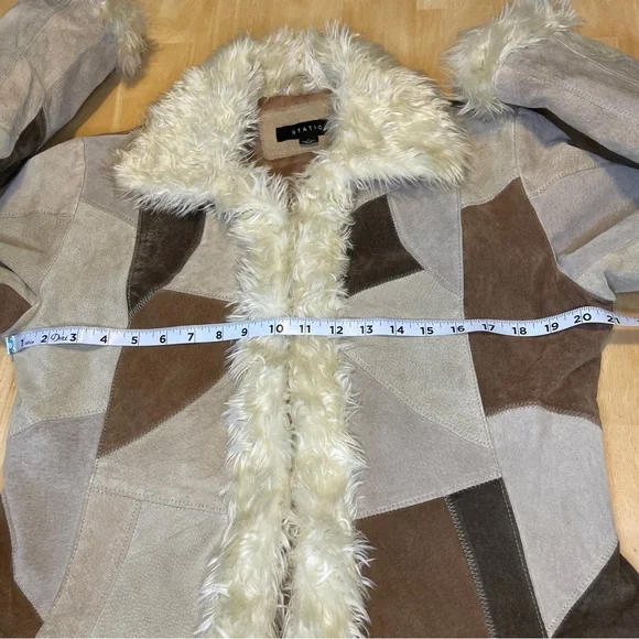 Vintage STATIC Genuine Suede Leather Patchwork Faux Fur Trim Jacket - Brown/Tan - Picture 8 of 16